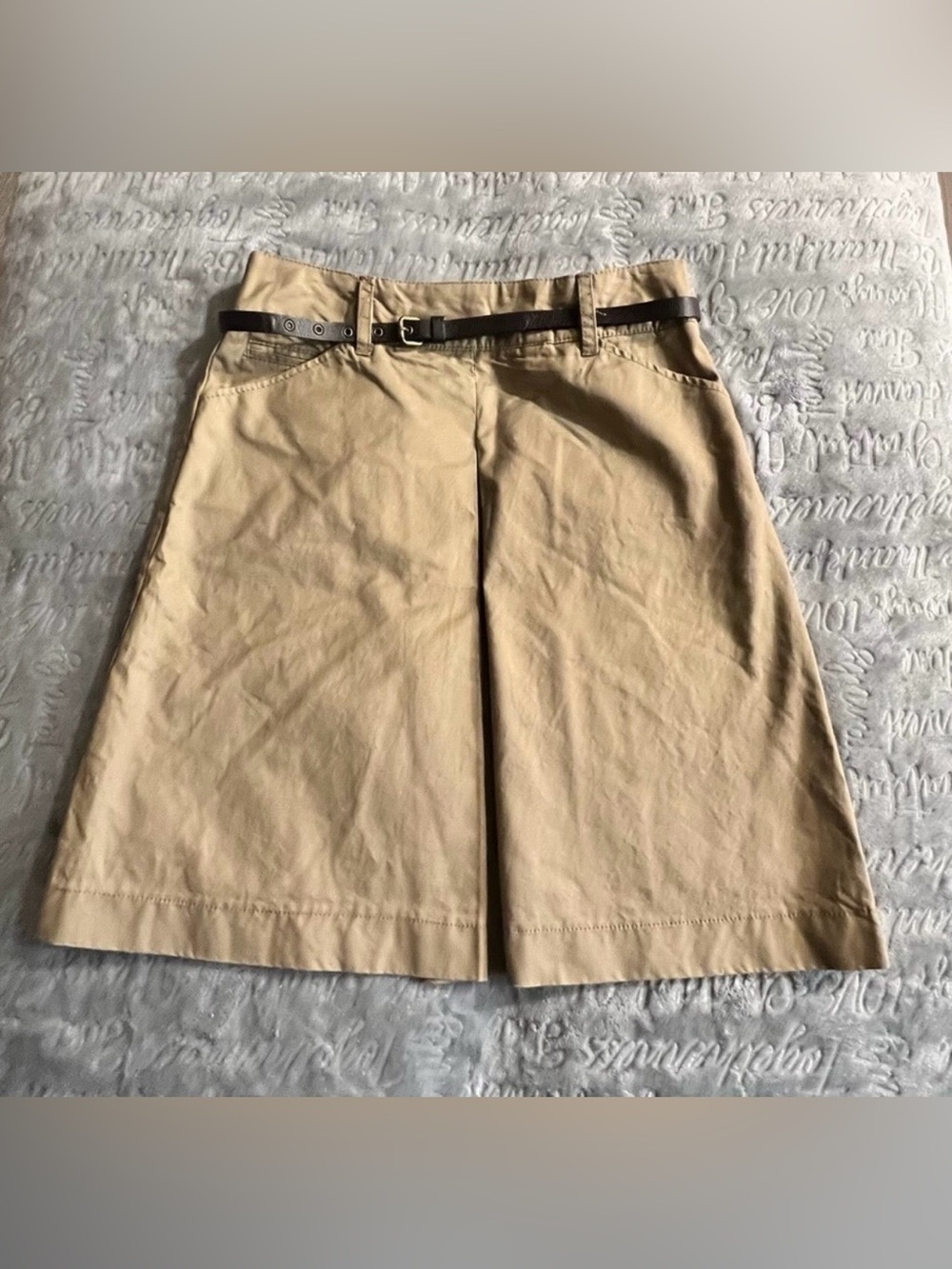 Mango khaki pleated A-line chino skirt  with Dark Brown Belt